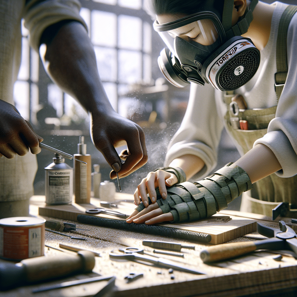 Hands adjusting a CoreMask respirator during a mask fit test at home for DIY renovation safety.