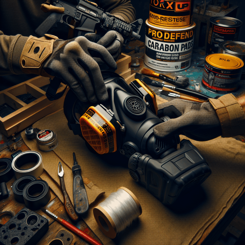 Hands assembling a Torxup CoreMask respirator with ProDefend carbon pads on a paint-covered workbench featuring resin supplies.