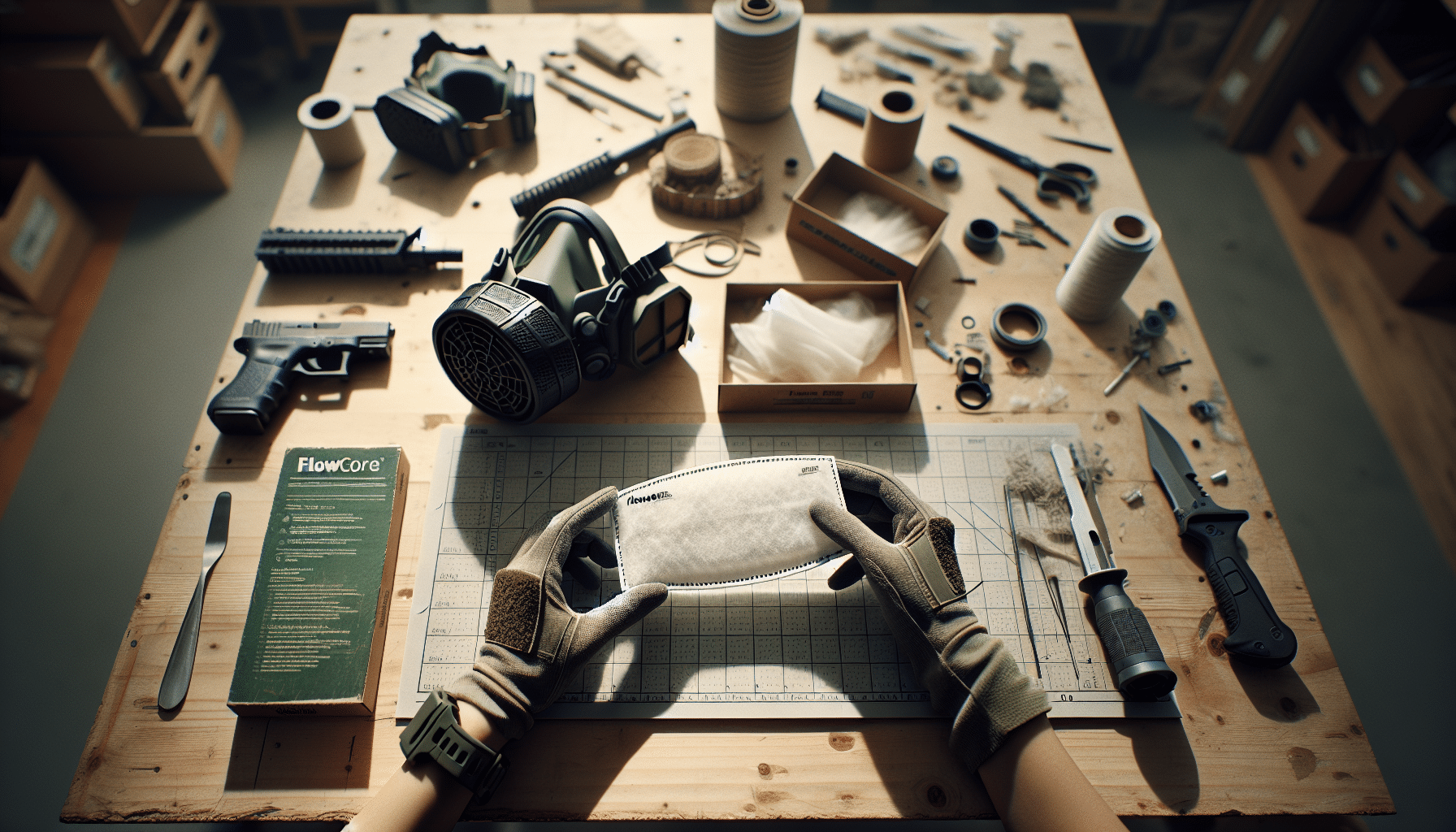 Hands preparing to replace a used FlowCore filter on DIY mask after detecting harder breathing during work.