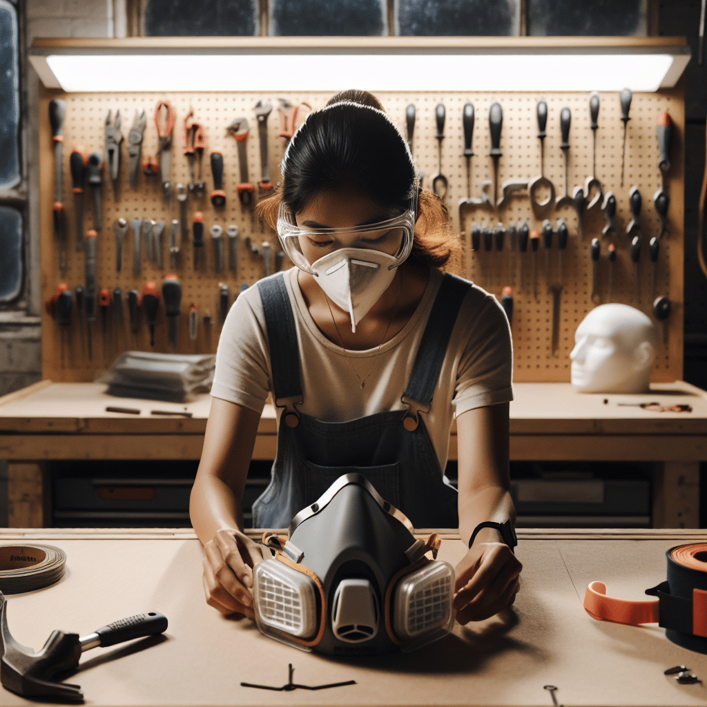 Worker performing a CoreMask pre-job check — inspecting straps and FlowCore pads on a clean workbench before use.