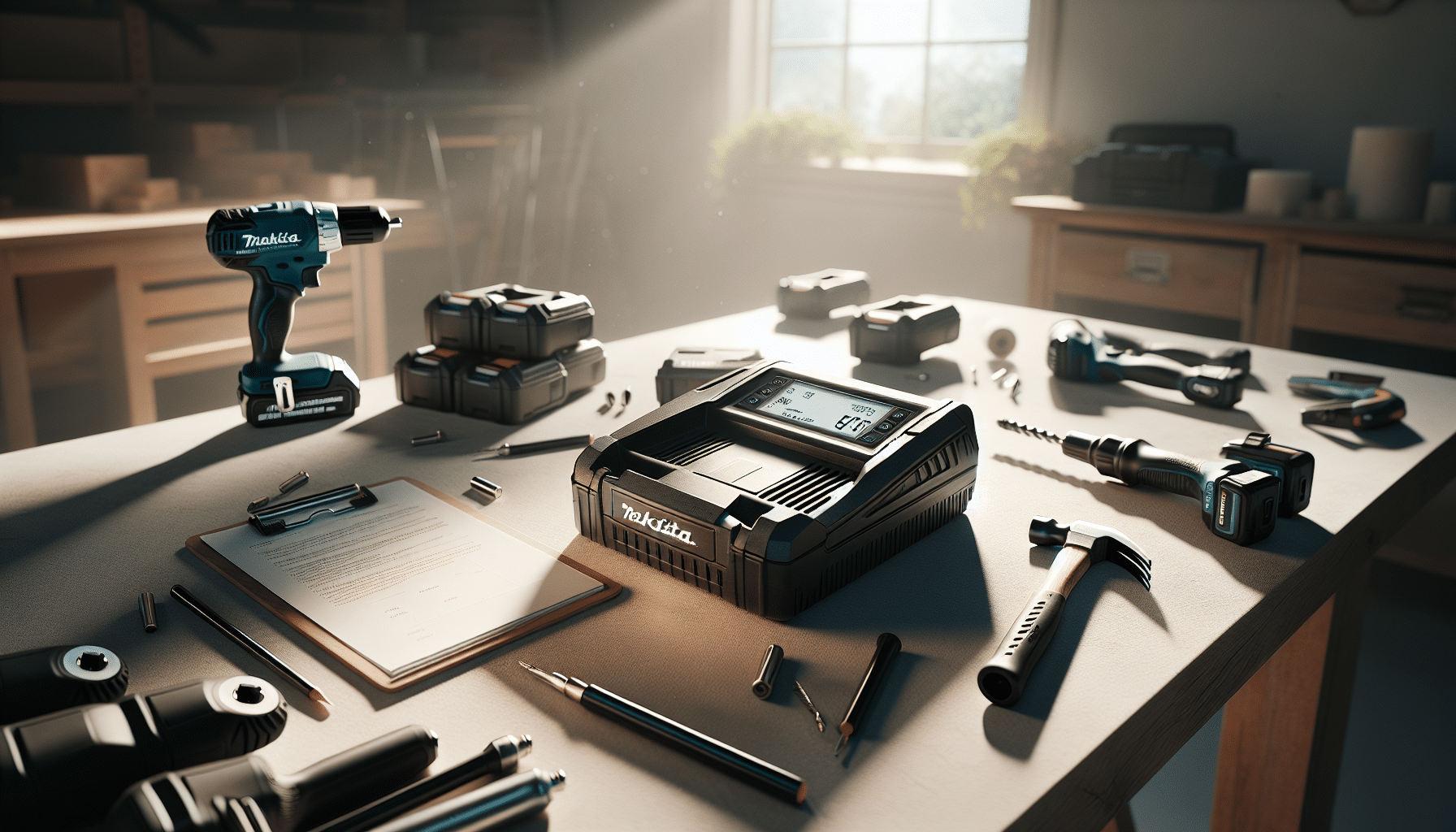 Makita-compatible LCD battery charger showing voltage and amp readings in an active, organised workshop.