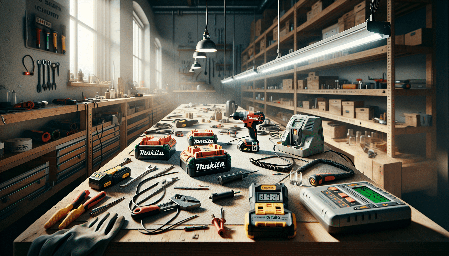 Side-by-side comparison of VoltGuard 6500 and Makita OEM charger setup on a jobsite bench with batteries charging.