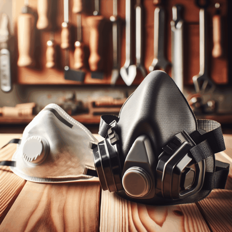 Side-by-side view of a reusable dust mask and a disposable pad mask positioned on a UK workshop bench.