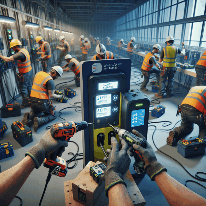 Hands swapping Makita-compatible batteries at a wall-mounted charger using real-time battery monitoring for efficient tool rotation.