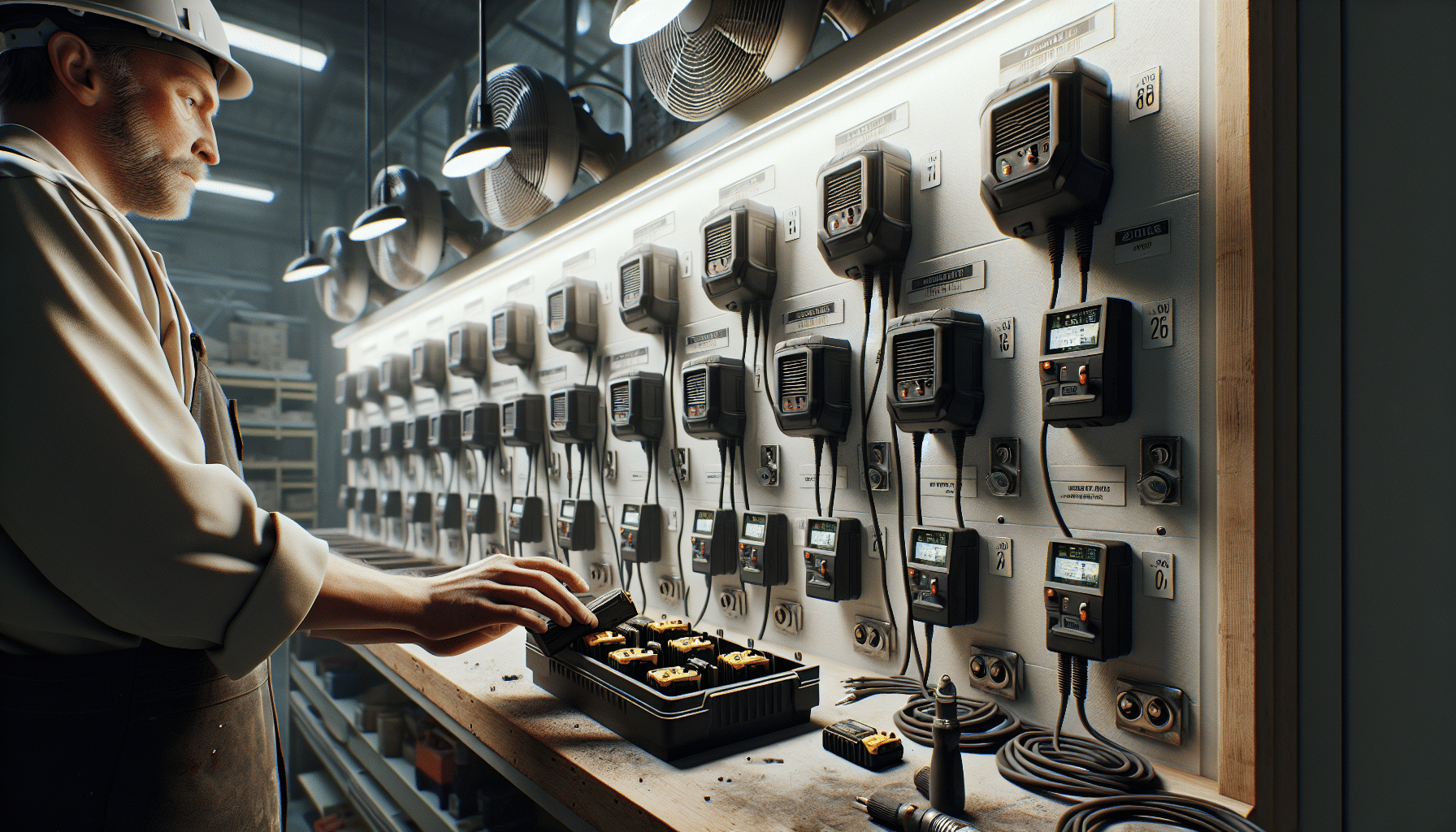 Team member slots Makita 18V battery into designated charger at a labelled team battery bench station with built-in cooling.