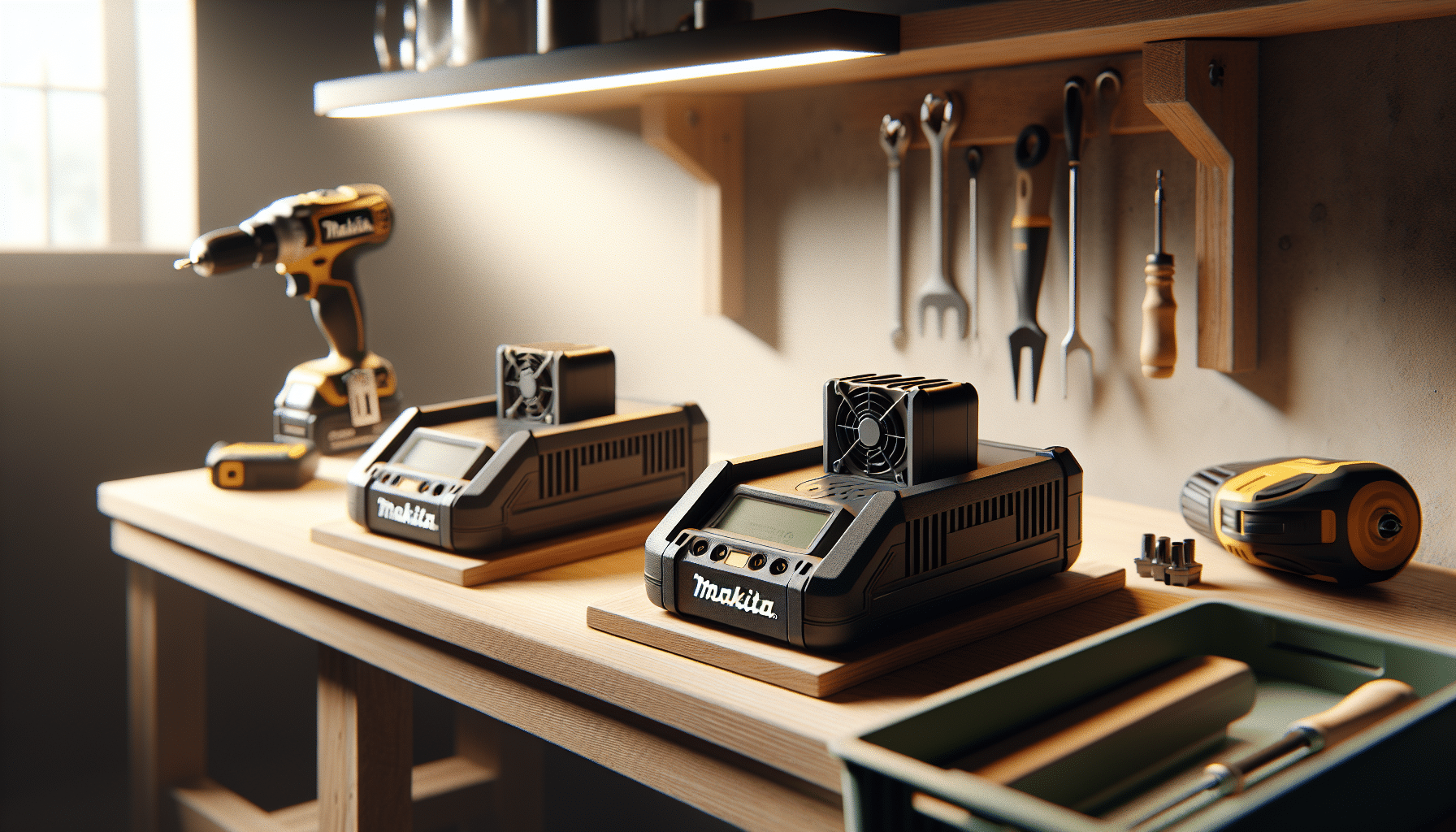 Close-up comparison of Makita charger cooling designs highlighting airflow difference between a cooling fan and passive vents.
