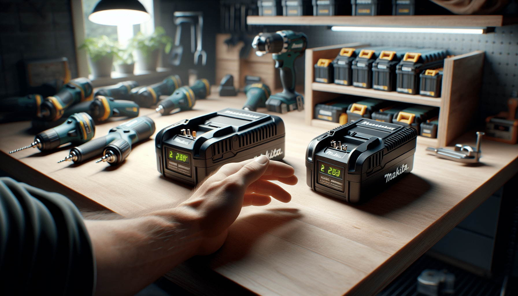 Close-up of a worker using a third-party and original Makita charger on a clean bench, showing interaction and compatibility clarity.