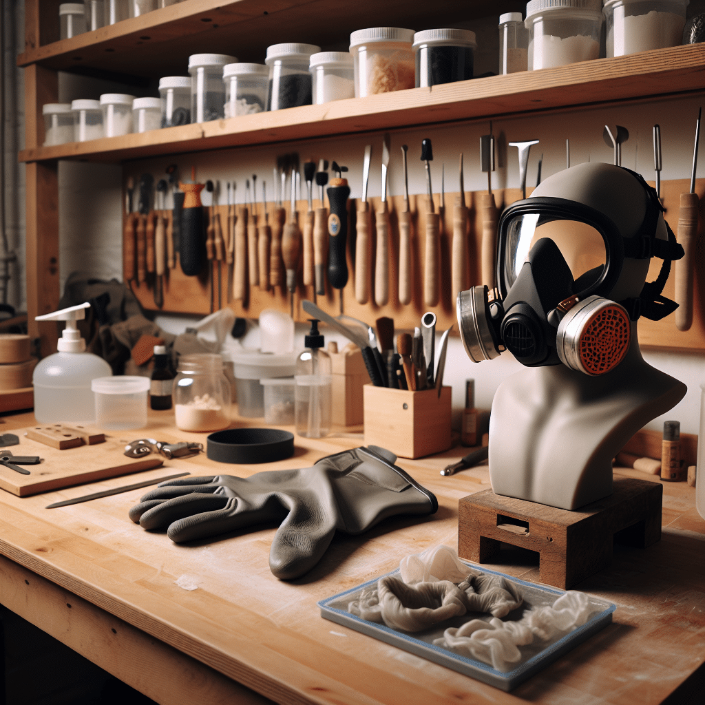 Reusable respirator mask on a workbench surrounded by resin casting tools, illustrating UK-based resin casting mask prices.