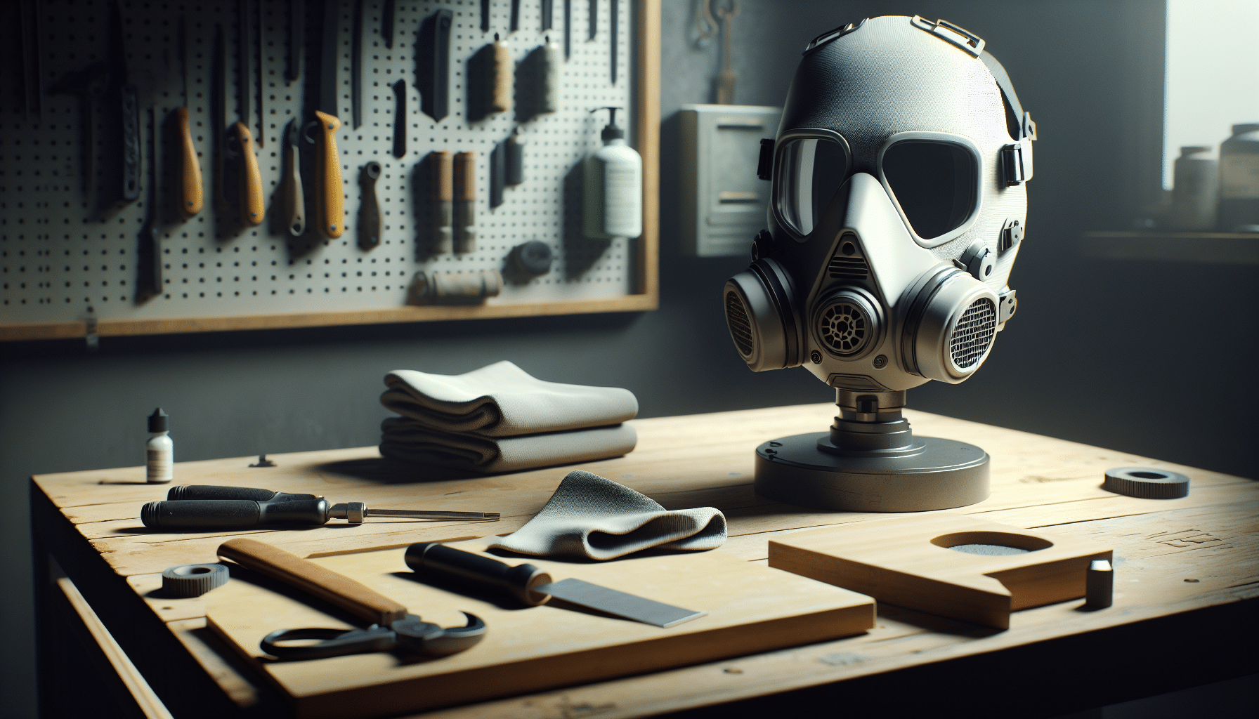 Torxup CoreMask shown on a DIY workbench beside tools, highlighting airflow vents and dust protection use-case.