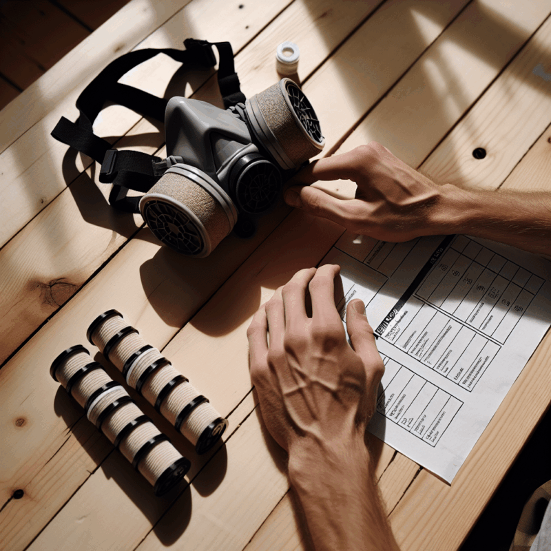 Hands check a CoreMask respirator with a printed pre-job mask checklist beside filters on a bright UK home renovation workbench.