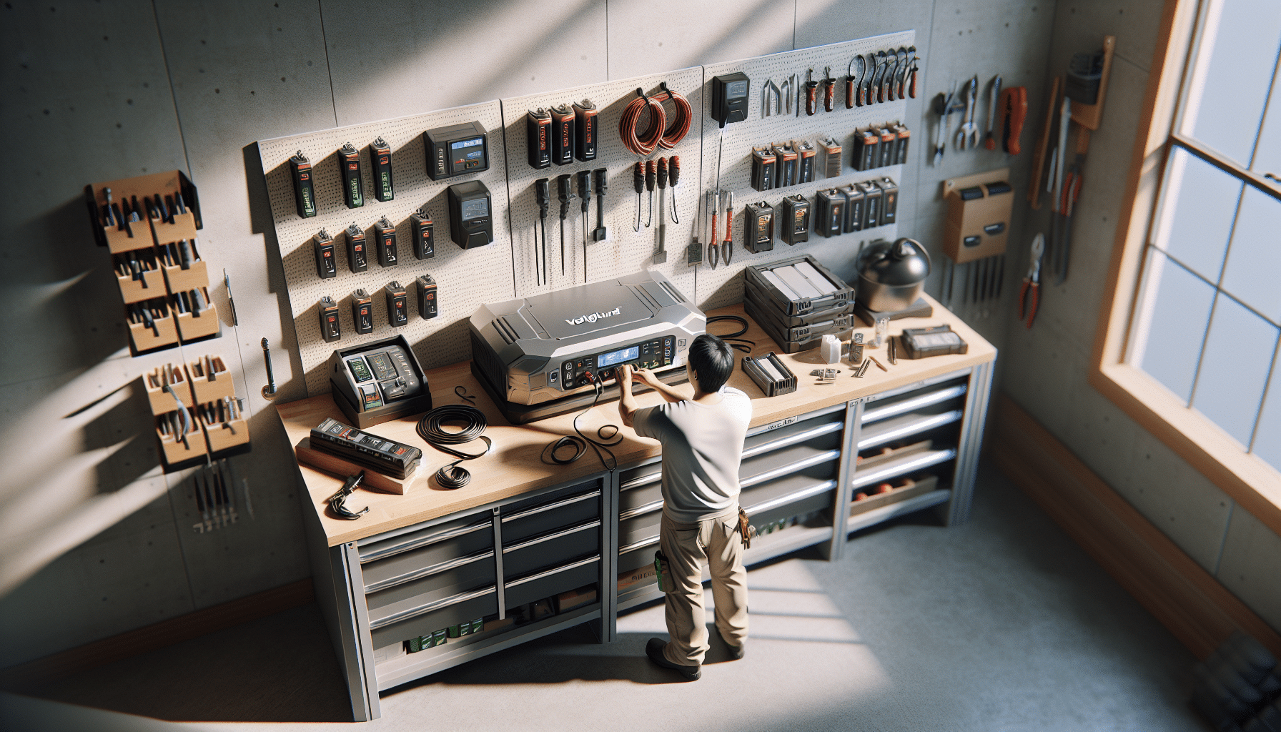 Overhead image of VoltGuard 6500 charging multiple Makita 18V LXT batteries on a busy workshop bench.