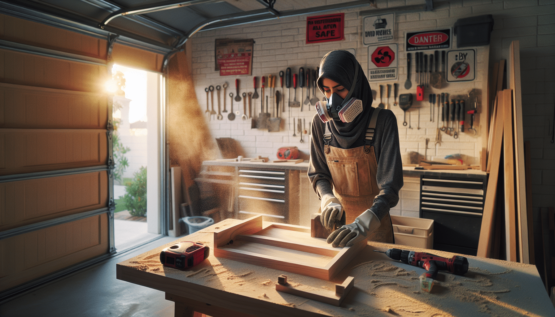 Person sanding wood while wearing FlowCore dust mask filters UK in a garage workshop.