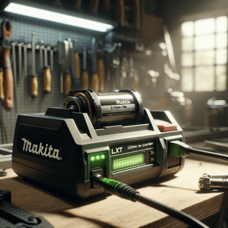 Close-up of a Makita LXT battery charging in a rapid charger on a clean bench with LED indicators glowing green in daylight.