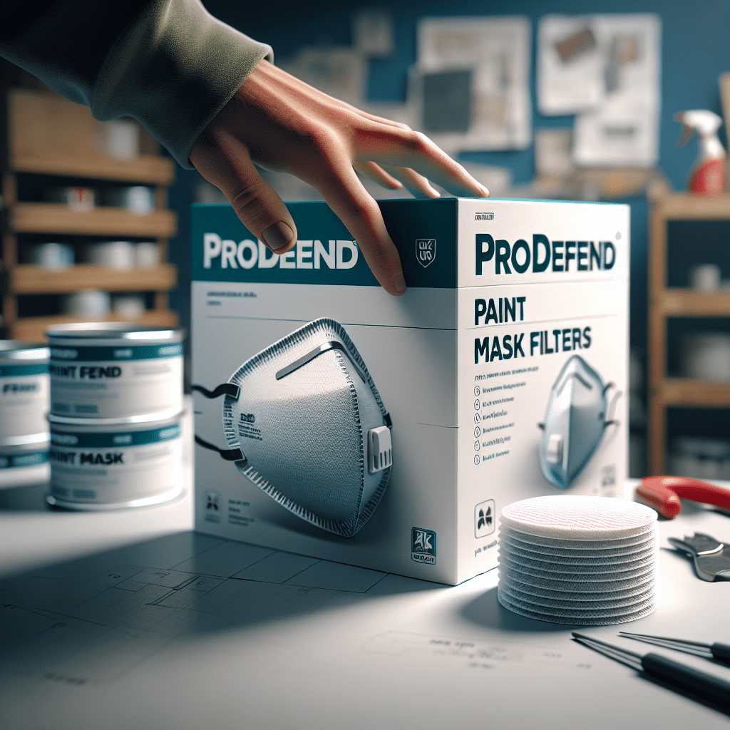 A hand selects ProDefend paint mask filters UK from a pack on a workbench with paint tools in the background.
