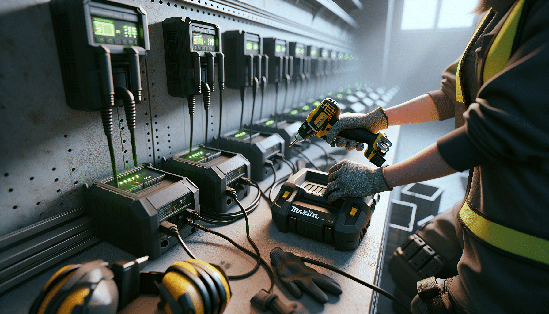 Multi-bay Makita charger setup showing team-friendly power management on a large-scale works site.