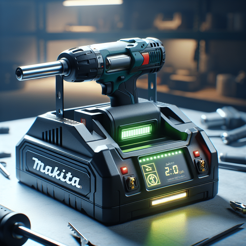 Makita-compatible battery in rapid charger with advanced charger protection features in workshop setting.