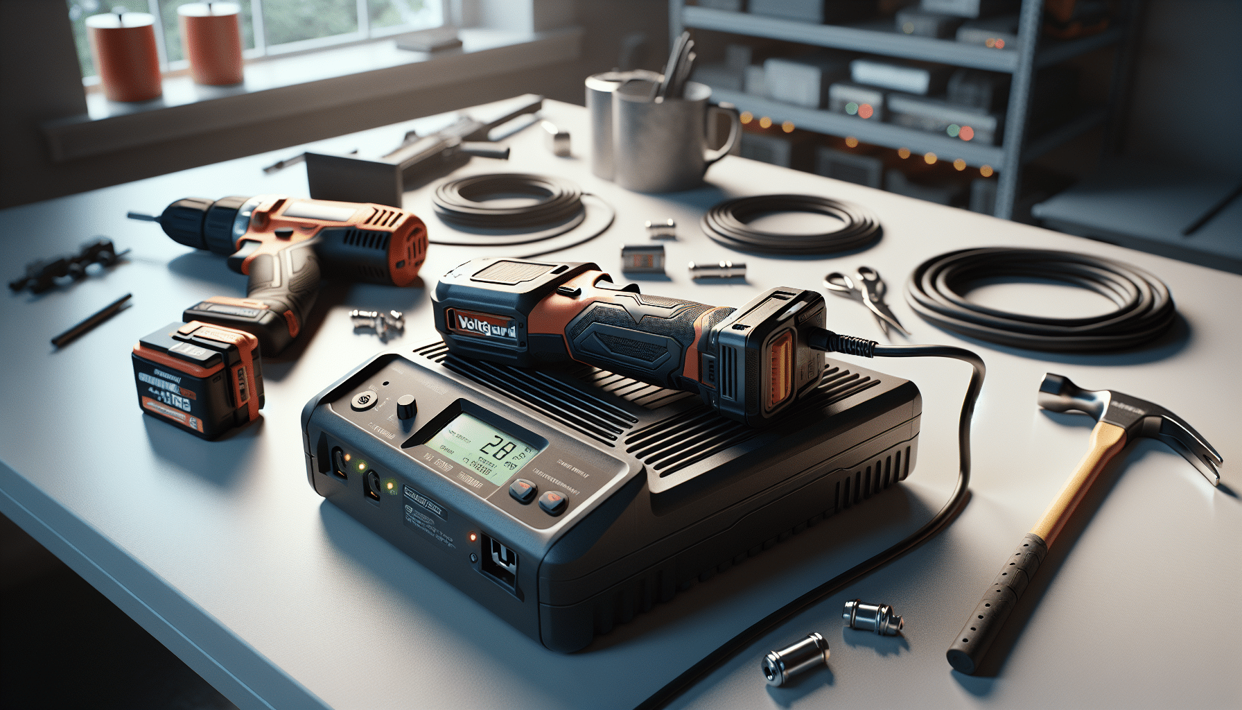 Overhead view of VoltGuard 6500 charger beside Makita LXT battery on a clean work surface highlighting design and features.