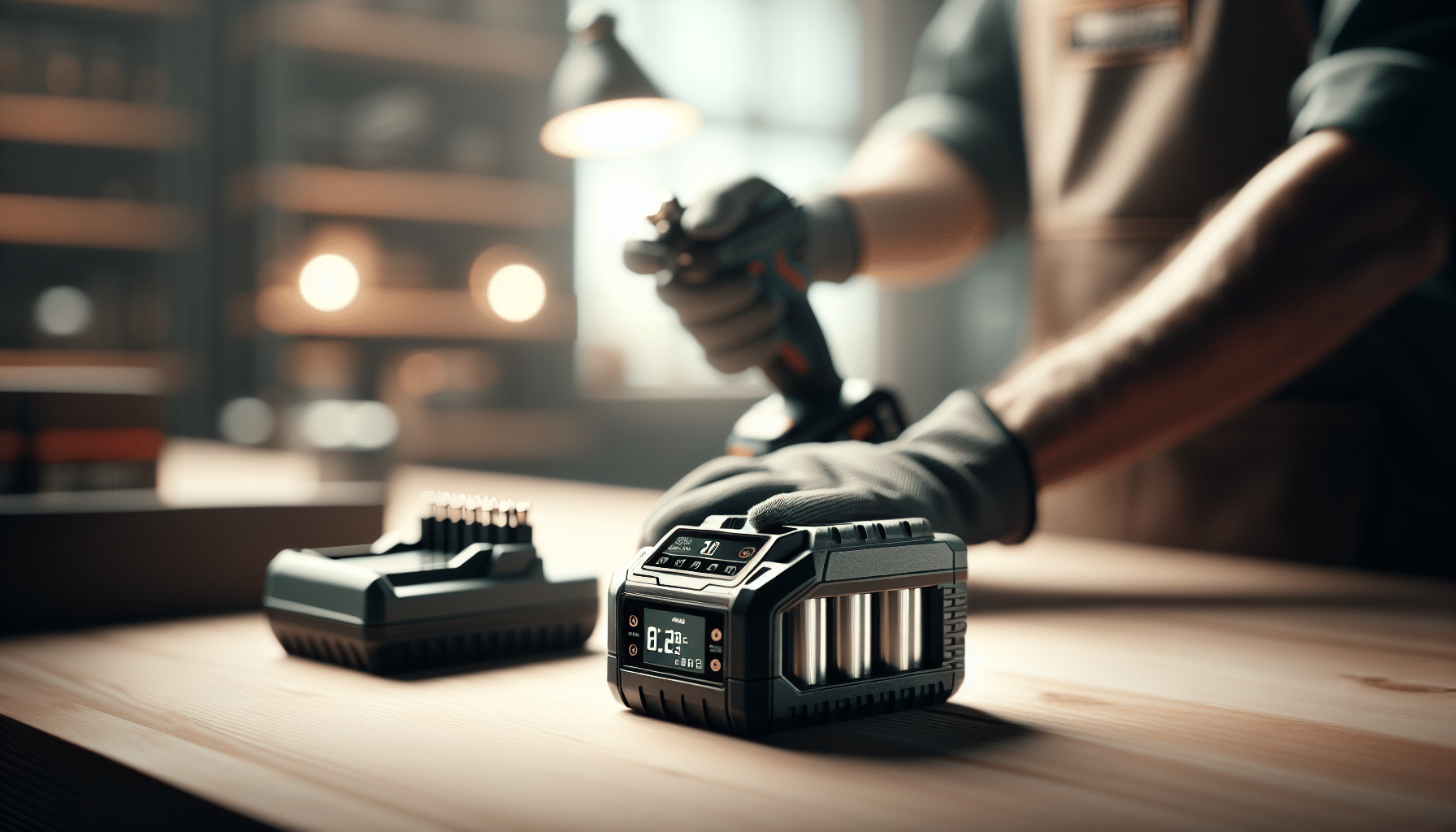 Technician working with a Makita-compatible charger featuring intelligent charging and cell protection icons in a workshop.