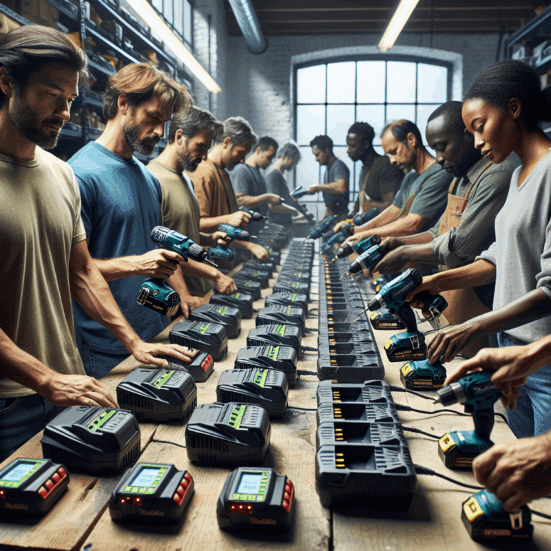 Workshop scene debunking rapid charger myths by showing Makita-compatible tools powered by LED-equipped fast chargers in action.