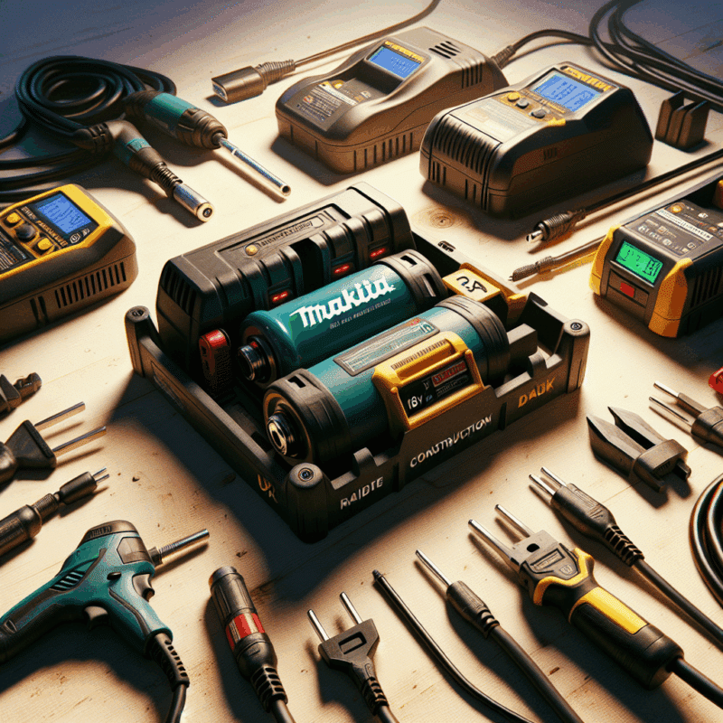 Makita 6.5A charger beside 3.0A charger with 18V battery on UK worksurface showing upgrade differences.