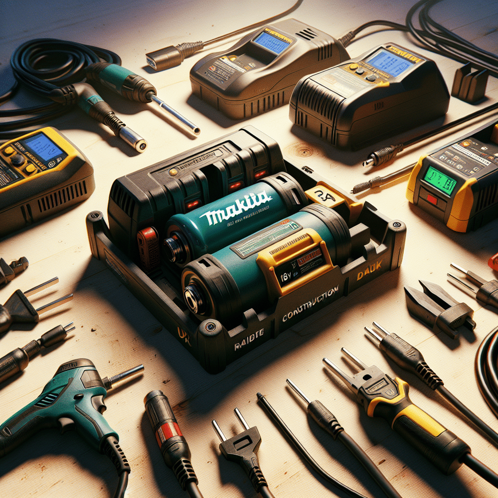 Makita 6.5A charger beside 3.0A charger with 18V battery on UK worksurface showing upgrade differences.