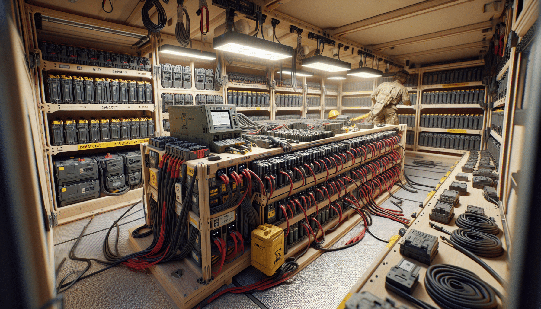 Multi-bay charger in a site trailer setup with batteries arranged and labelled for efficient high-volume workshop use.