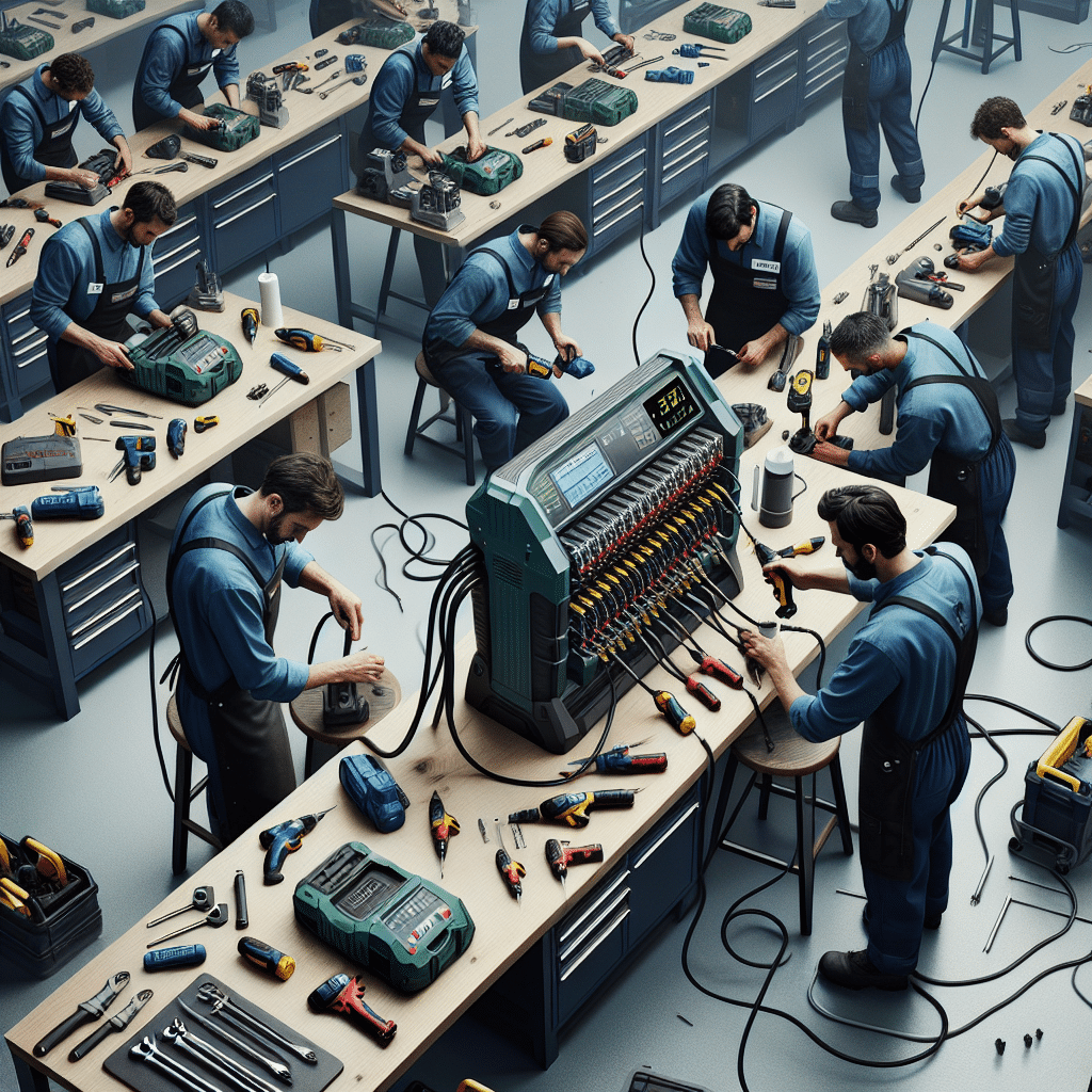 Trade charger upgrades in use at a professional workshop with Makita-compatible multi-bay charging station and active tools.