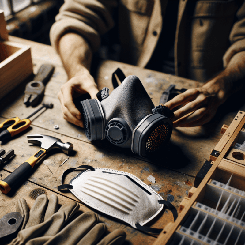 A premium replaceable filter face mask shown in a UK workshop setting, with separate filter components for easy replacement.