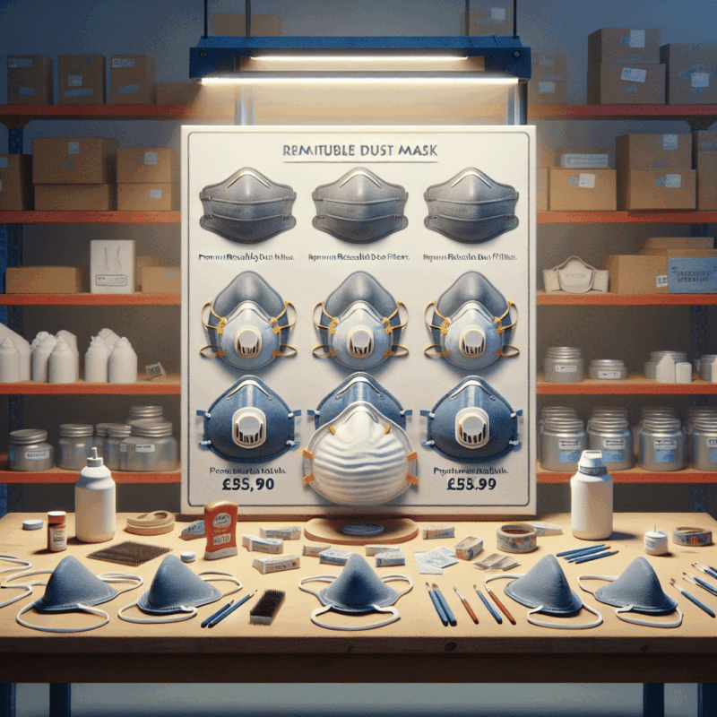 Reusable dust mask UK comparison showing CoreMask next to disposable options with visible UK pricing on a workbench.