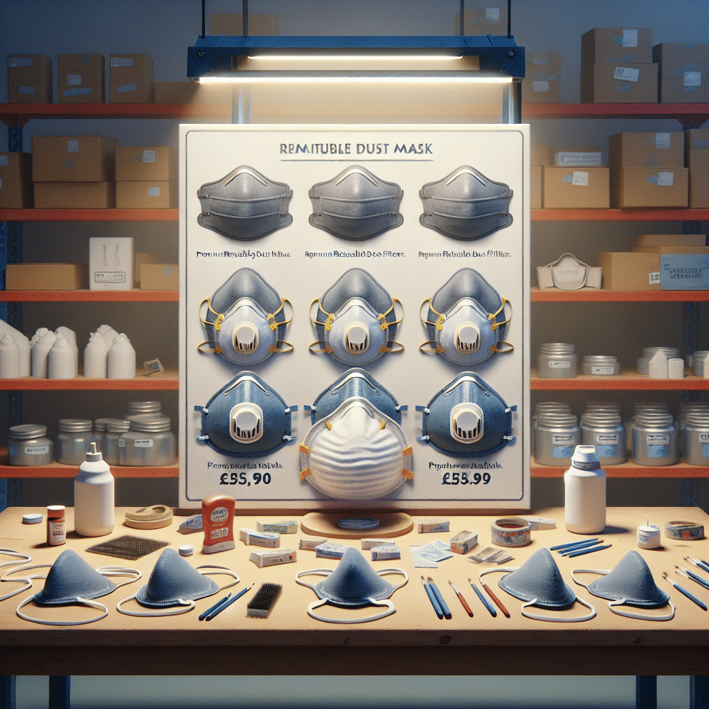 Reusable dust mask UK comparison showing CoreMask next to disposable options with visible UK pricing on a workbench.