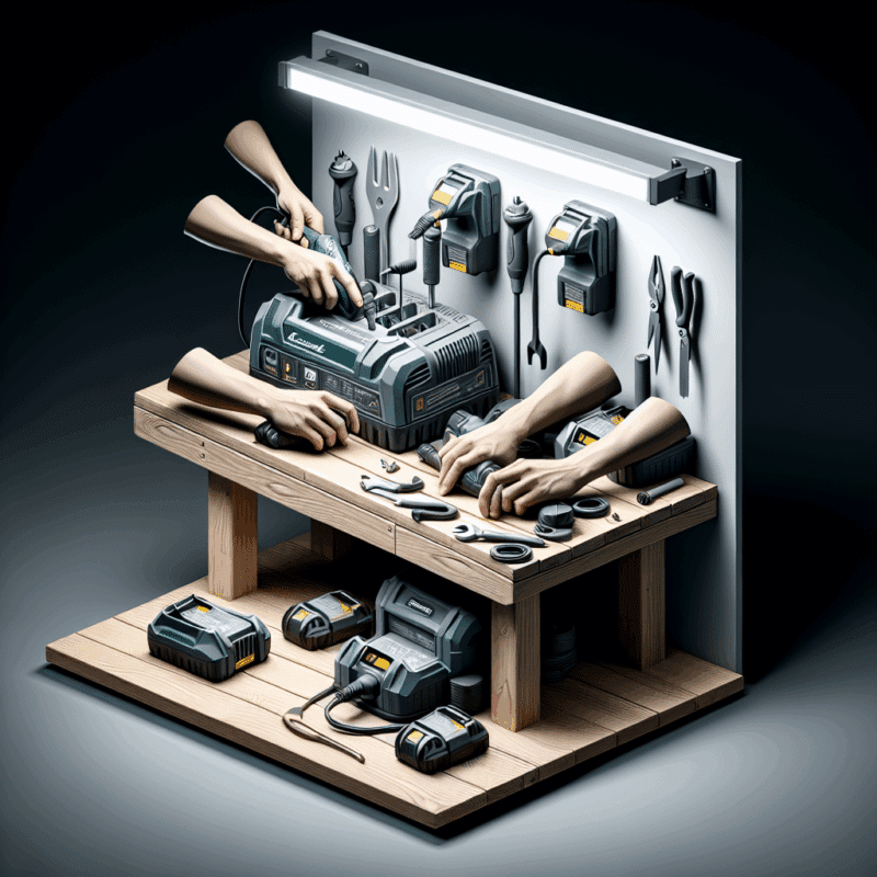 VoltGuard 6500 charger powering multiple Makita tools on an organised bench in a professional UK installer workshop.