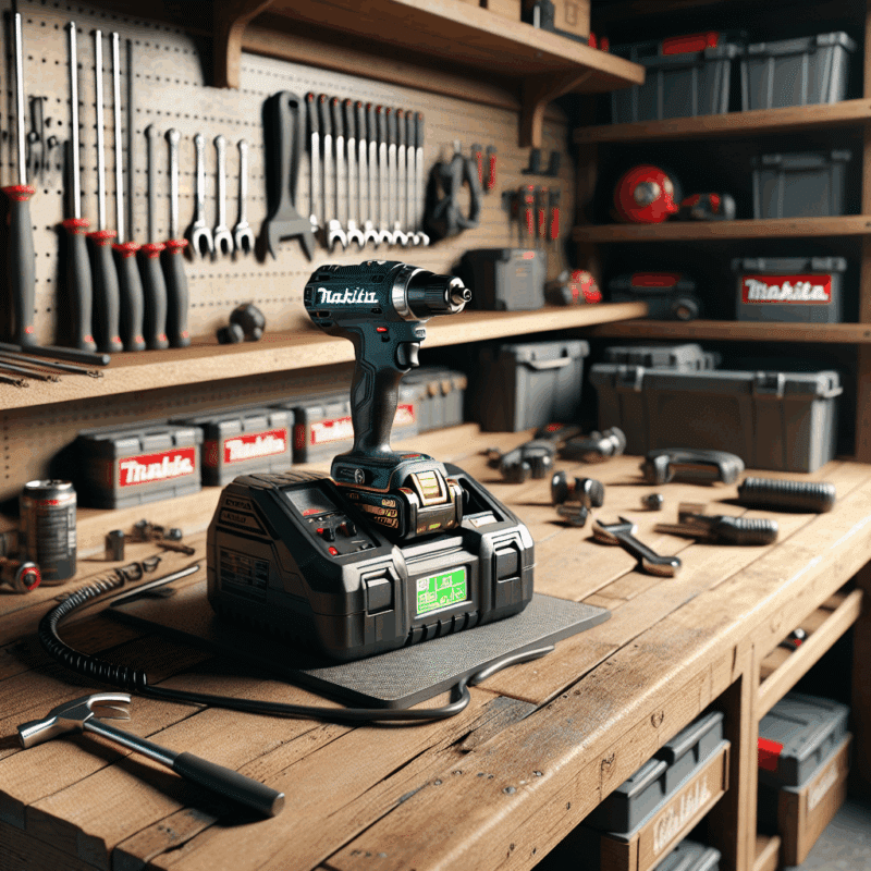 Makita battery charging setup showing high-capacity 18V battery on a rapid charger in organized workshop setting.