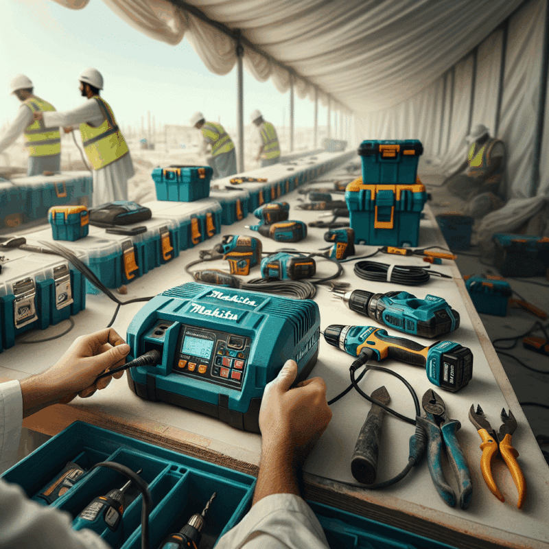 Contractors reducing crew idle time using 6.5A rapid charging with Makita-compatible batteries on a busy job site.