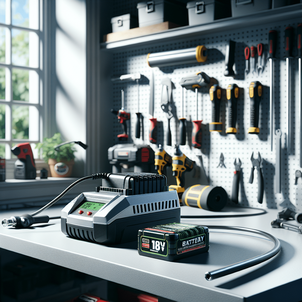 Premium workshop chargers powering Makita-compatible batteries in a clean, modern home workshop setup.