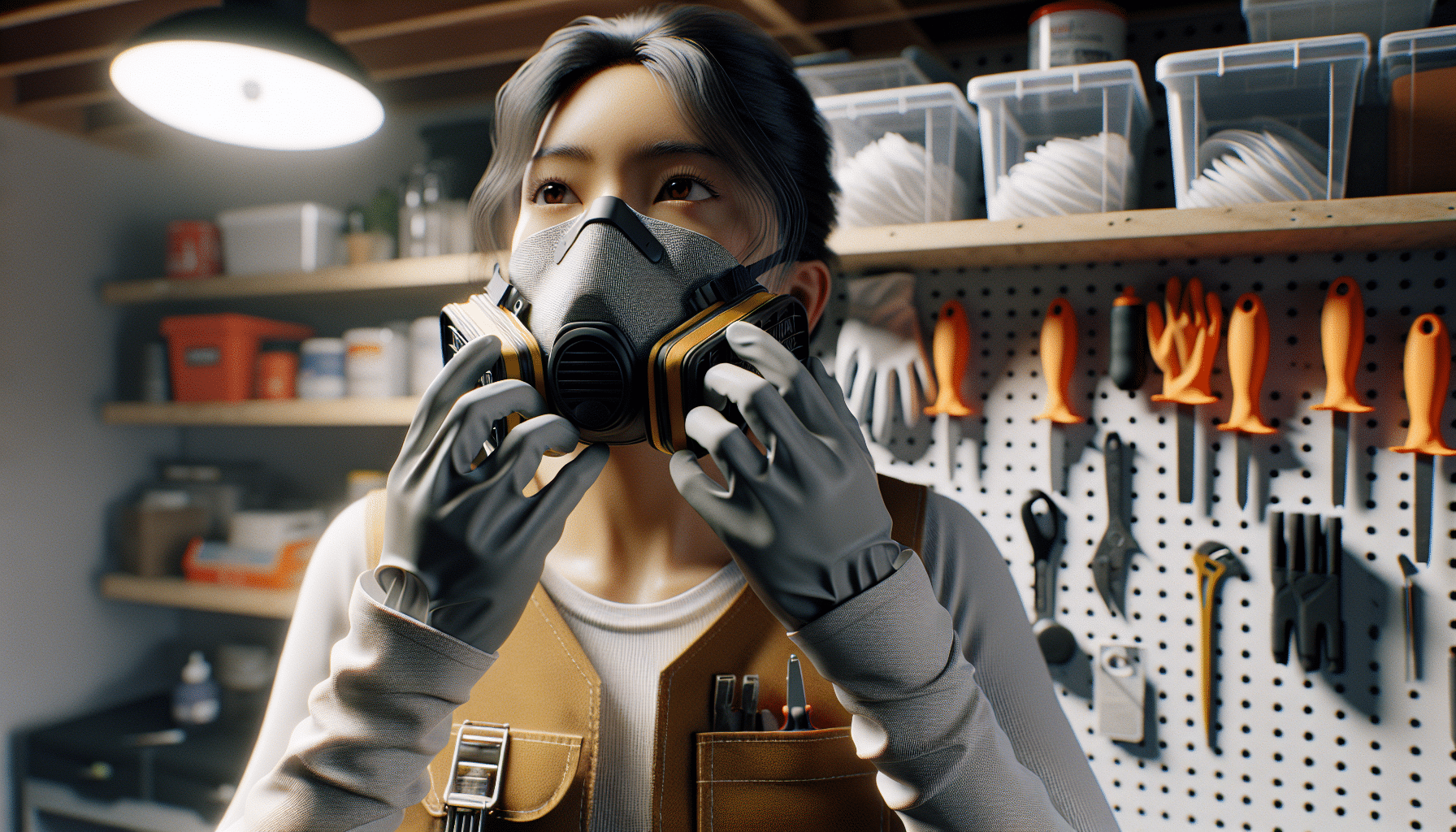 Hands adjusting a reusable dust mask in a home workshop as part of a UK pre-job safety checklist for DIYers.