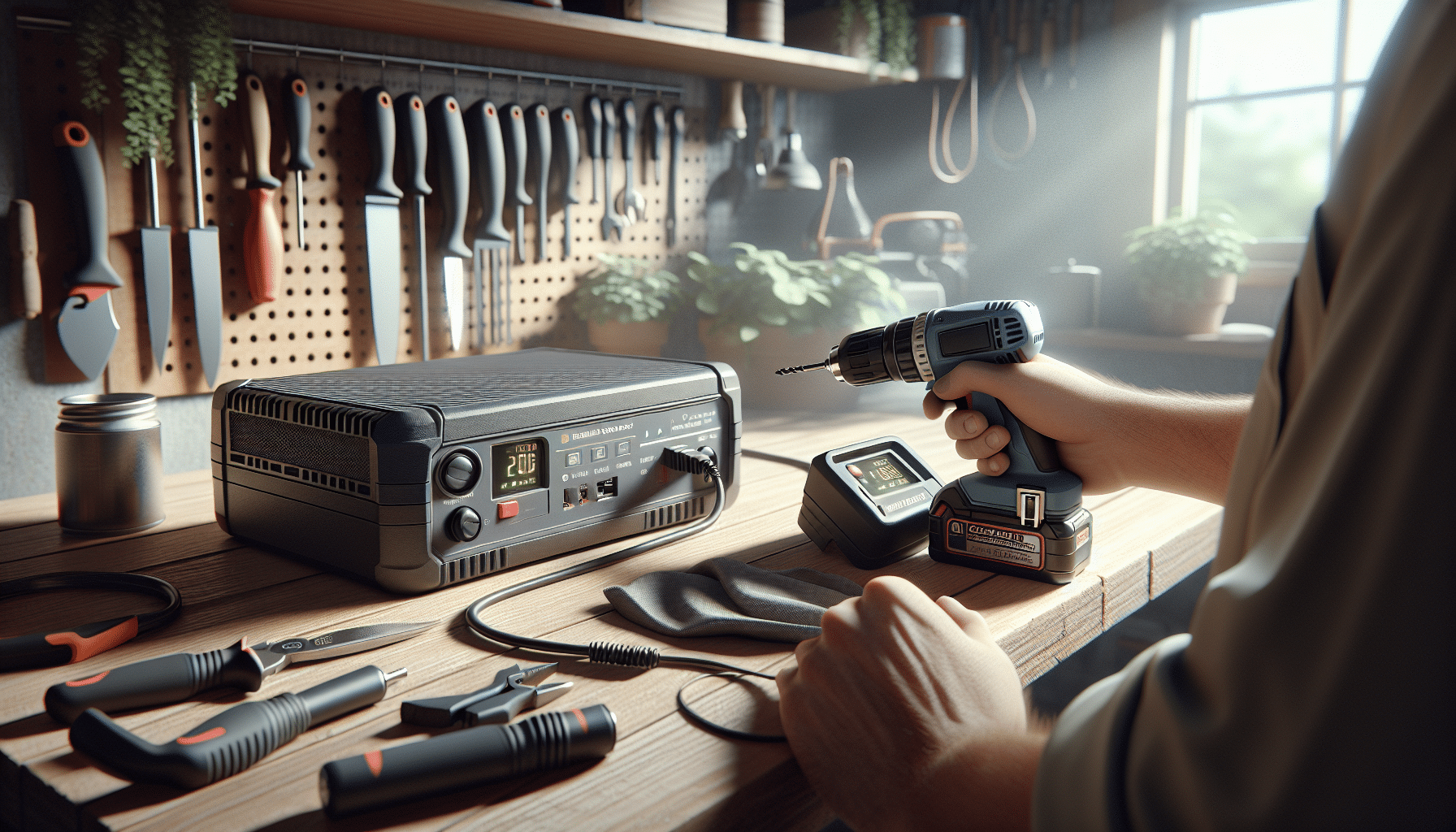 Hands exchange a drill battery next to a pro tool charger showing active LED indicators on a clean bench.