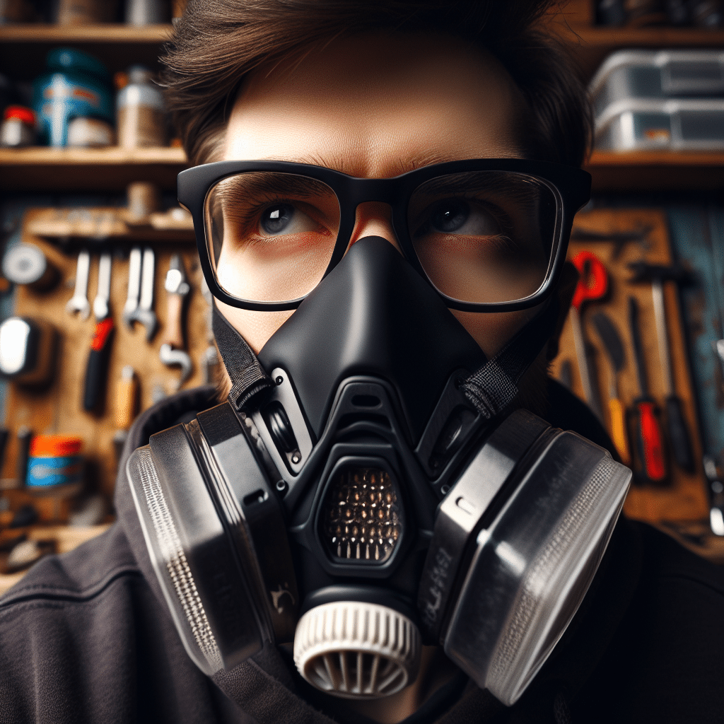 Man wearing glasses and an anti fog dust mask (CoreMask) in workshop, demonstrating anti fog mask tips with clear lenses and proper mask fit.