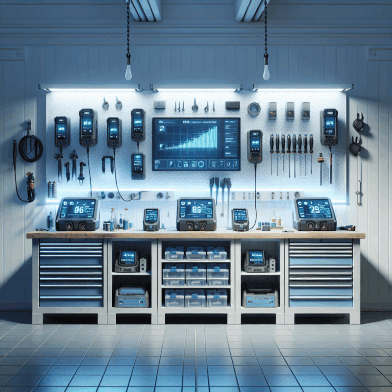 Modern British workshop showing LCD-equipped battery chargers with real-time voltage displays and tools charging efficiently.
