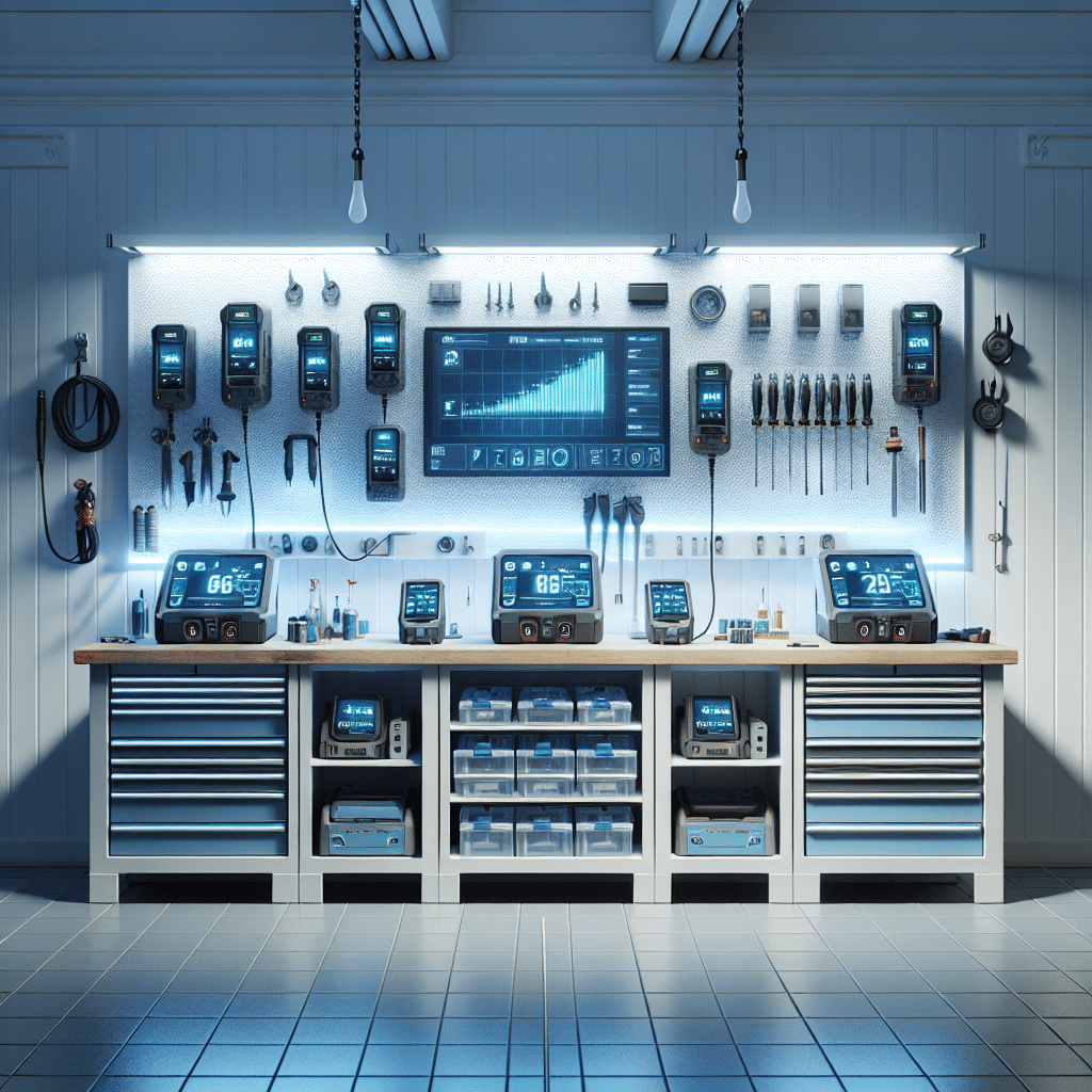 Modern British workshop showing LCD-equipped battery chargers with real-time voltage displays and tools charging efficiently.