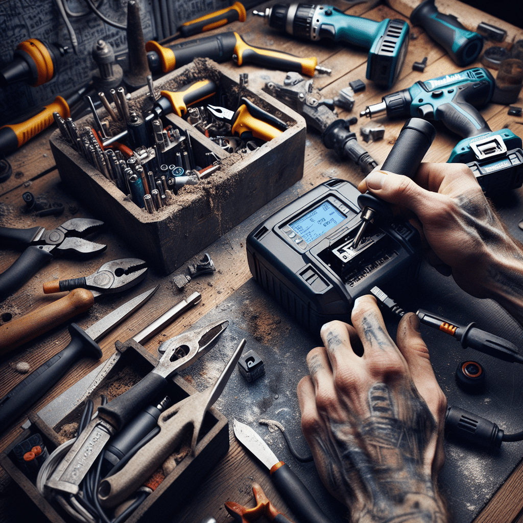 A fast charger comparison showing a DIY homemade power tool charger next to a professional Makita-compatible rapid charger in use.