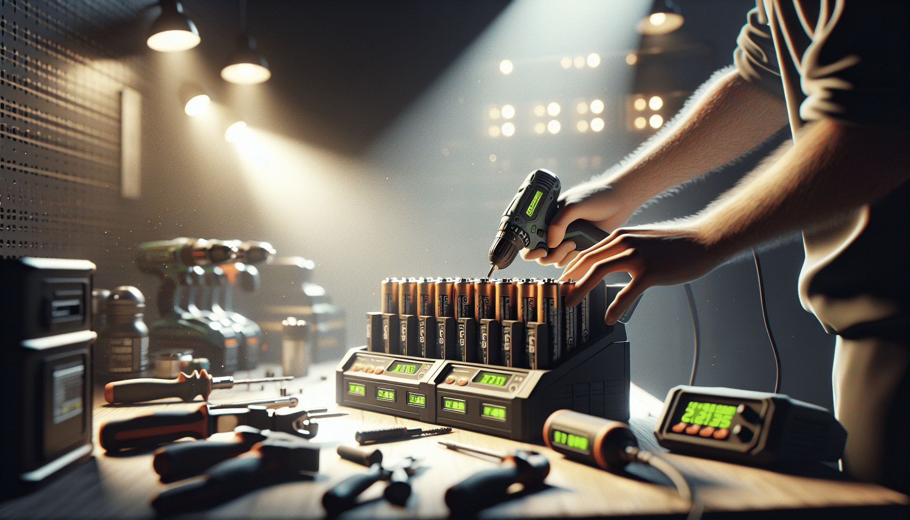 Efficient battery swap using fast charger highlights rapid charger myths in UK tool workshop setting.