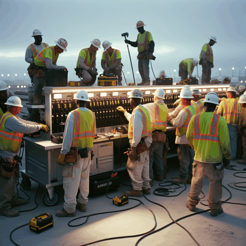 Construction crew rotates tools and batteries at a central station using Makita-compatible rapid LXT chargers to reduce downtime.