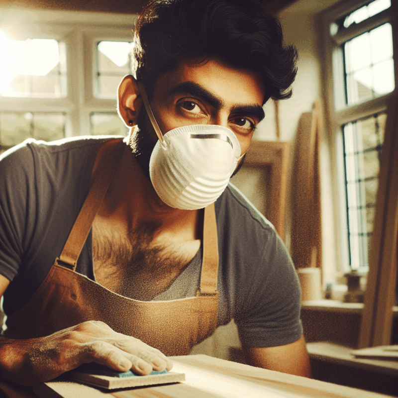 A DIY renovator using a budget respirator UK CoreMask while sanding wood in a dust-filled home workspace.