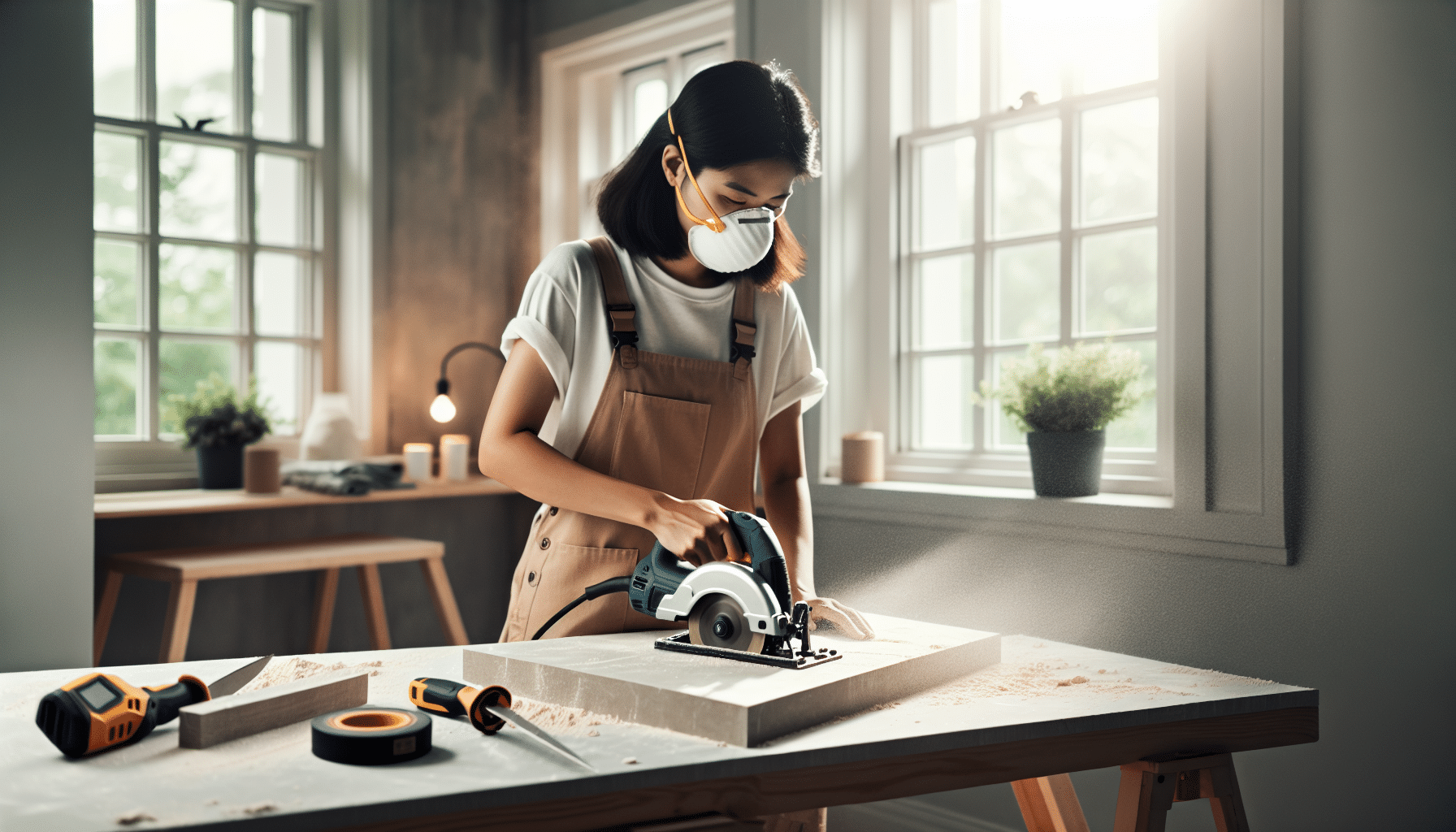 Illustration of DIY safety using a proper dust mask while cutting plaster during a home project in the UK.