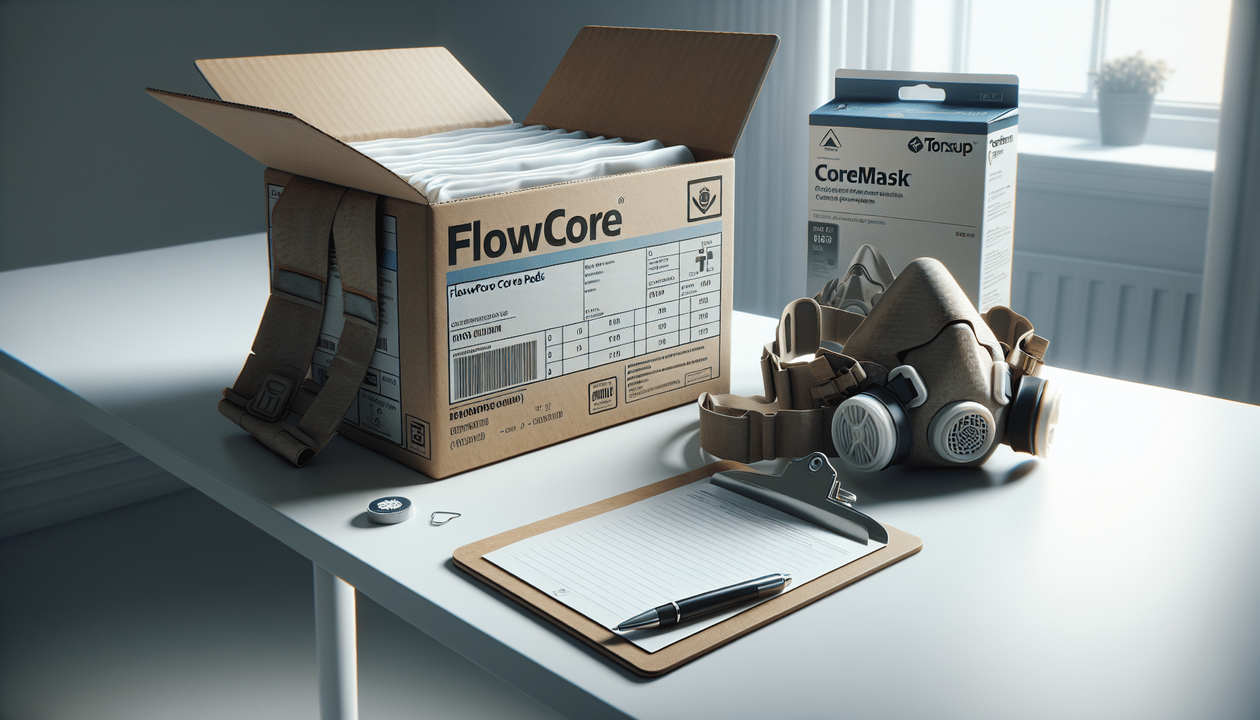 Opened pack of FlowCore pads UK next to a Torxup respirator, ready for same-day shipment, shown in a clean commercial scene.