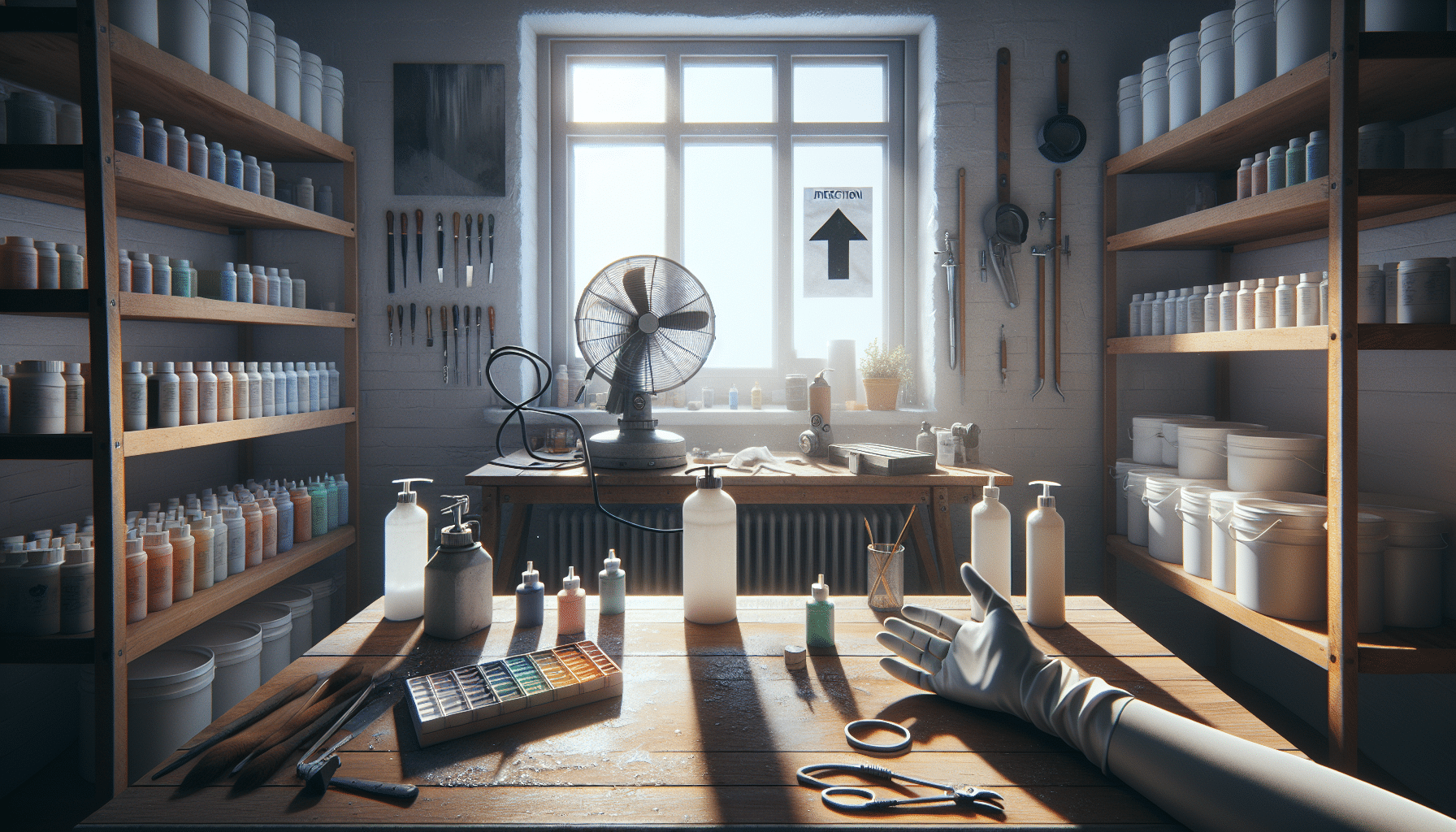 Indoor workspace showing window-mounted ventilation fan, respirator and solvent containers for proper solvent fume airflow setup.