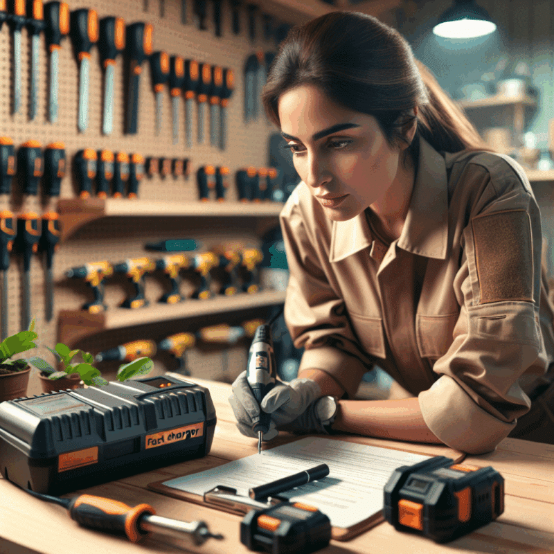 Technician performing charger maintenance on a Makita-compatible charger to preserve battery lifespan in a clean, organised workspace.