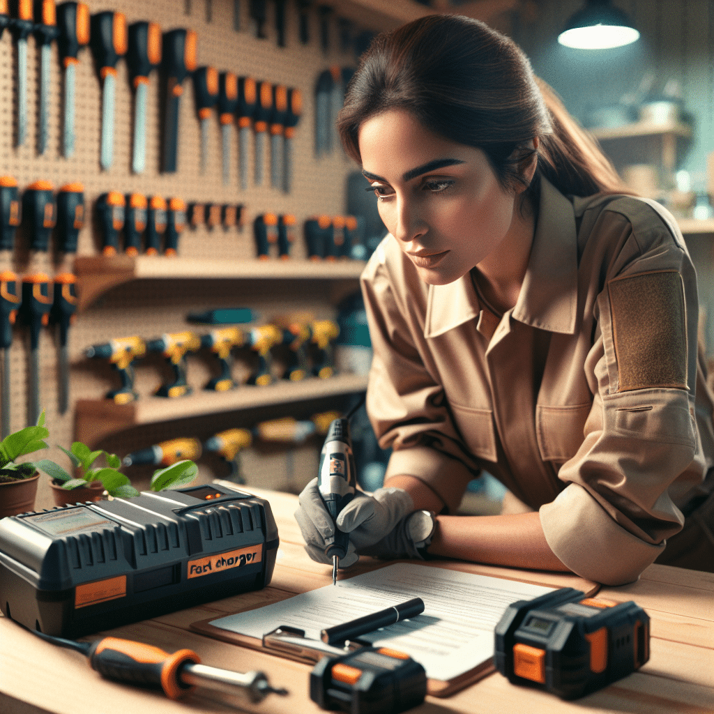 Technician performing charger maintenance on a Makita-compatible charger to preserve battery lifespan in a clean, organised workspace.