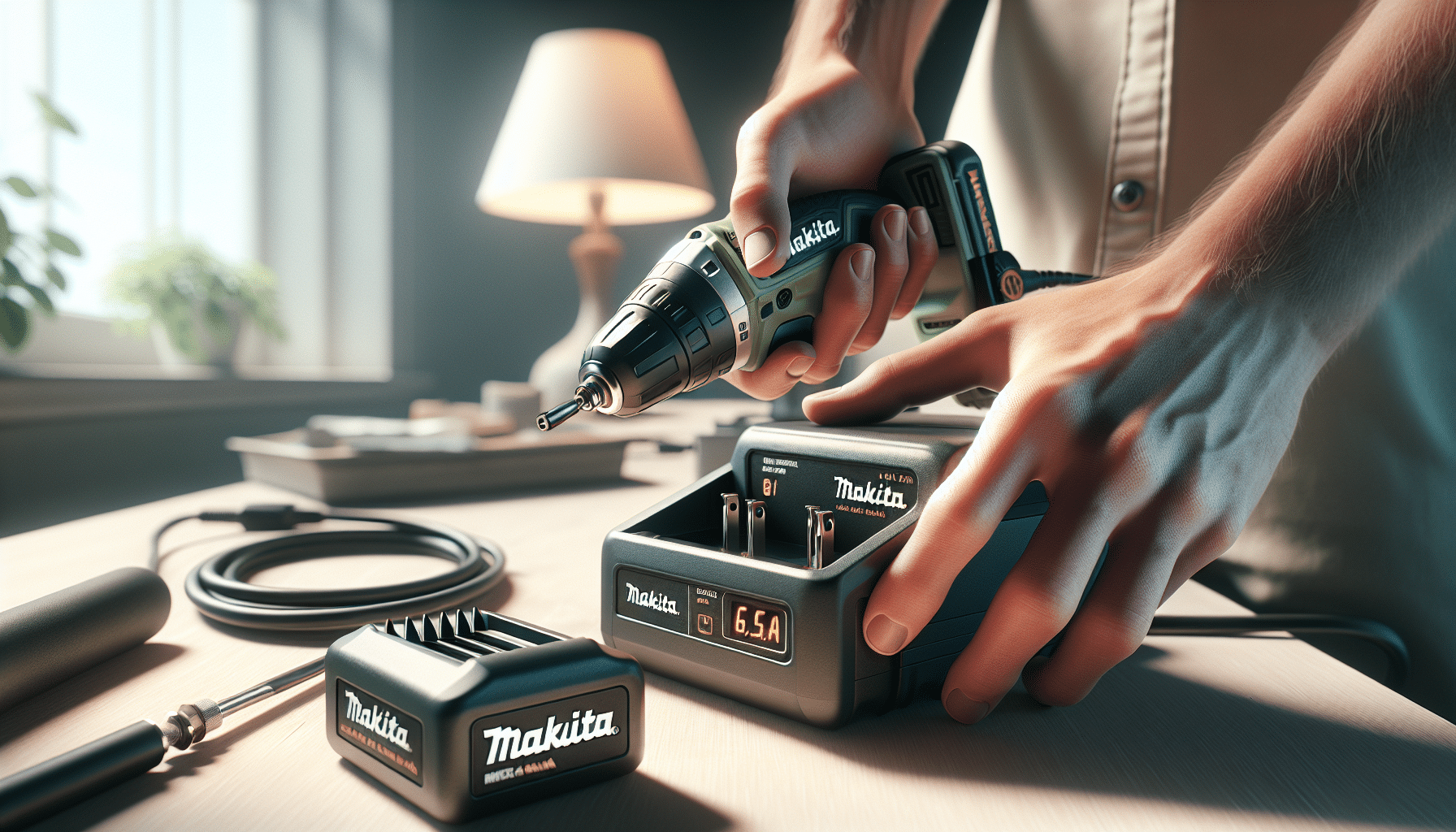 A Makita 6.5A rapid charger being actively connected with 18V battery; nearby 3.0A charger as comparison reference.