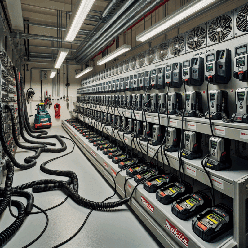 Makita battery bench installed in a clean, organised workshop with labelled chargers, cooling fans, and team charging layout visible.